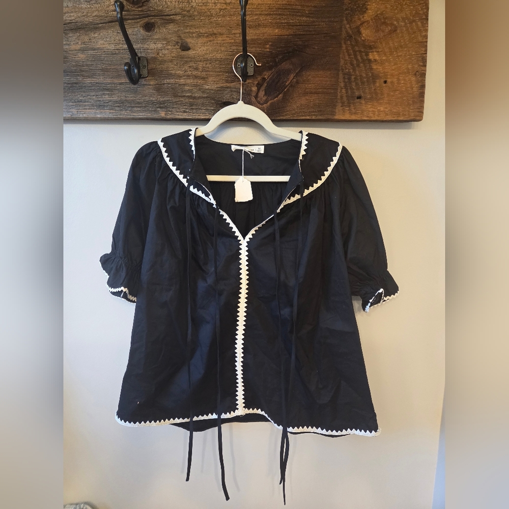 NWT In The Beginning Black Contrast Stitch Detail Cotton Blouse